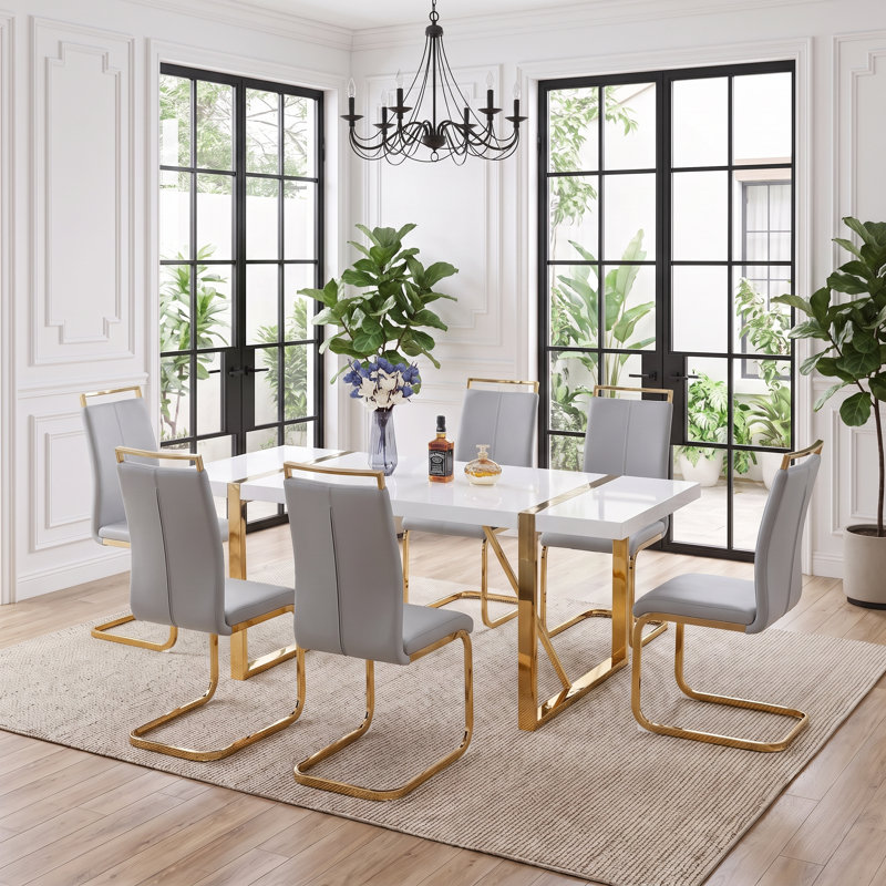 7-Piece Modern Glam Rectangular High-Gloss Dining Set with Faux Leather Cantilever Chairs, 7 Pieces: Table, 6 Chairs