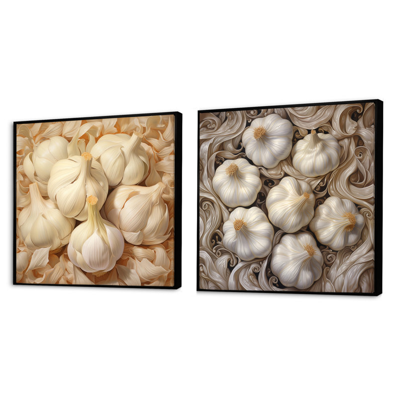 Garlic Ivory Intricacy - Vegetables Square Collage Set Of 2, Black Framed, 16" H x 33" W
