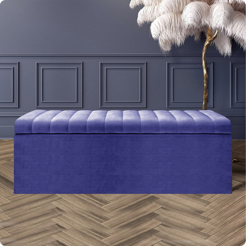 Safar Large Naples Ottoman Storage Box – Multi- Functional Striped Upholstered Blanket Box, 40cm H x 90cm W x 40cm D, Blue