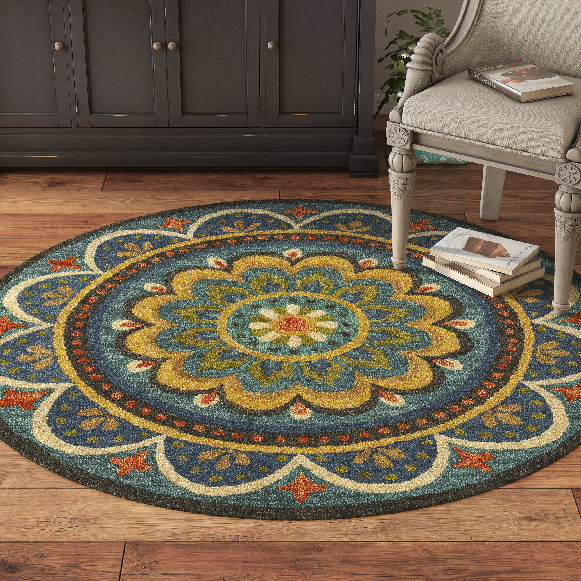 Round Owensboro Oriental Handmade Tufted Wool Area Rug in Turquoise