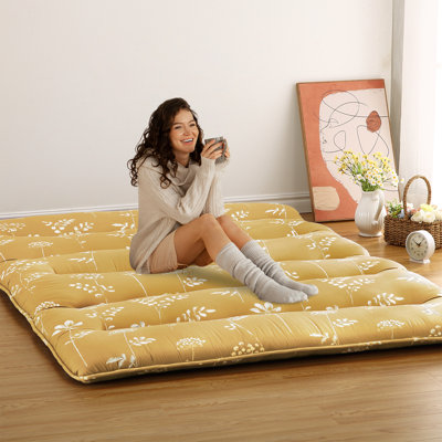 Matelas futon japonais épais, taille standard - Lit de sol tatami pliable et enroulable, imprimé floral, idéal pour chambre d'amis, dortoir et camping - Jaune citron, motif vague à cinq lignes