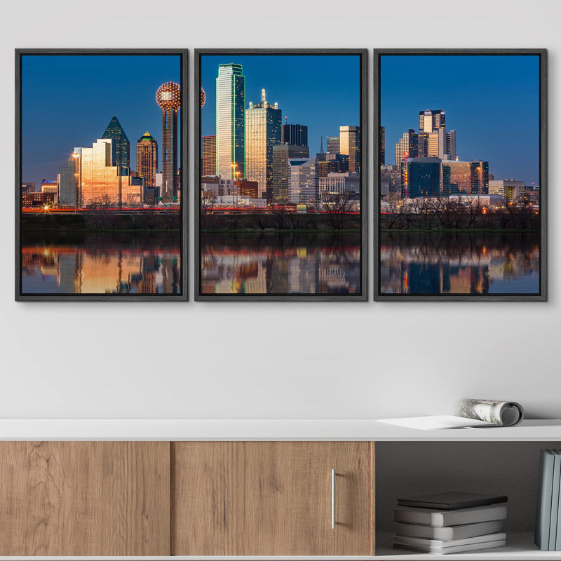 «Dallas City Buildings Skyscraper Skyline at Sunset Blue Sky», photographie moderne sur toile, Cadre flottant noir