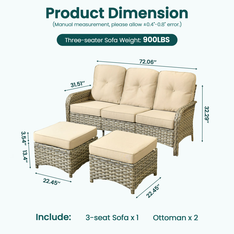 Ensemble de conversation d'extérieur 3 pièces en osier avec canapé 3 places et 2 repose-pieds, Beige