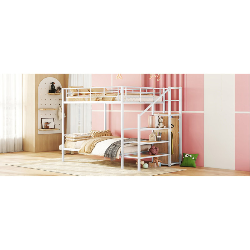 Lit superposé double en métal avec échelle de rangement latérale et garde-robe, Blanc