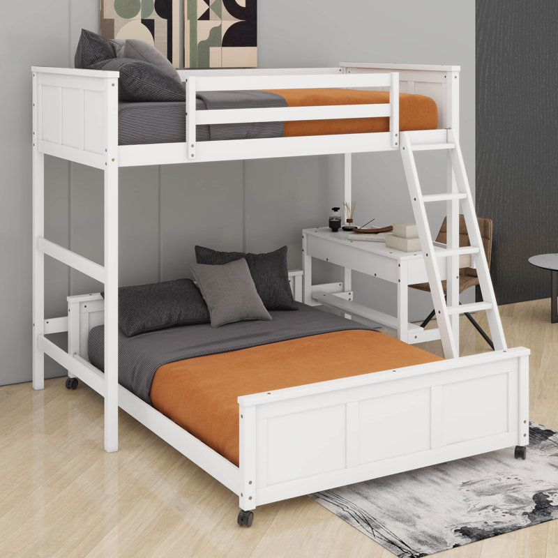 Lit simple superposé au dessus d'un lit double avec bureau, Blanc