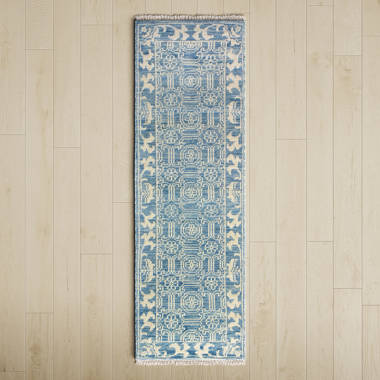 2'x3' Denim Blue, Wool and Silk Hand Knotted, Mosaic Design with Mix of  Gold, Mat Persian Knot Oriental Rug 64644