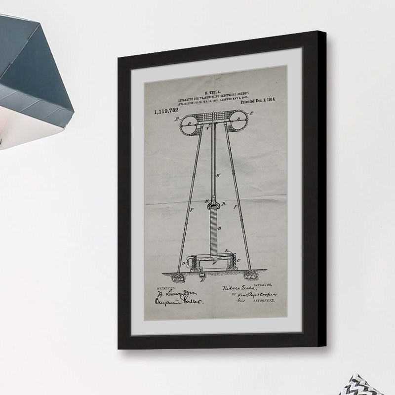 « tesla bobine 1914 old paper » par steve king, reproduction d’art encadrée, H 18 po x l 12 po x P 1,5 po