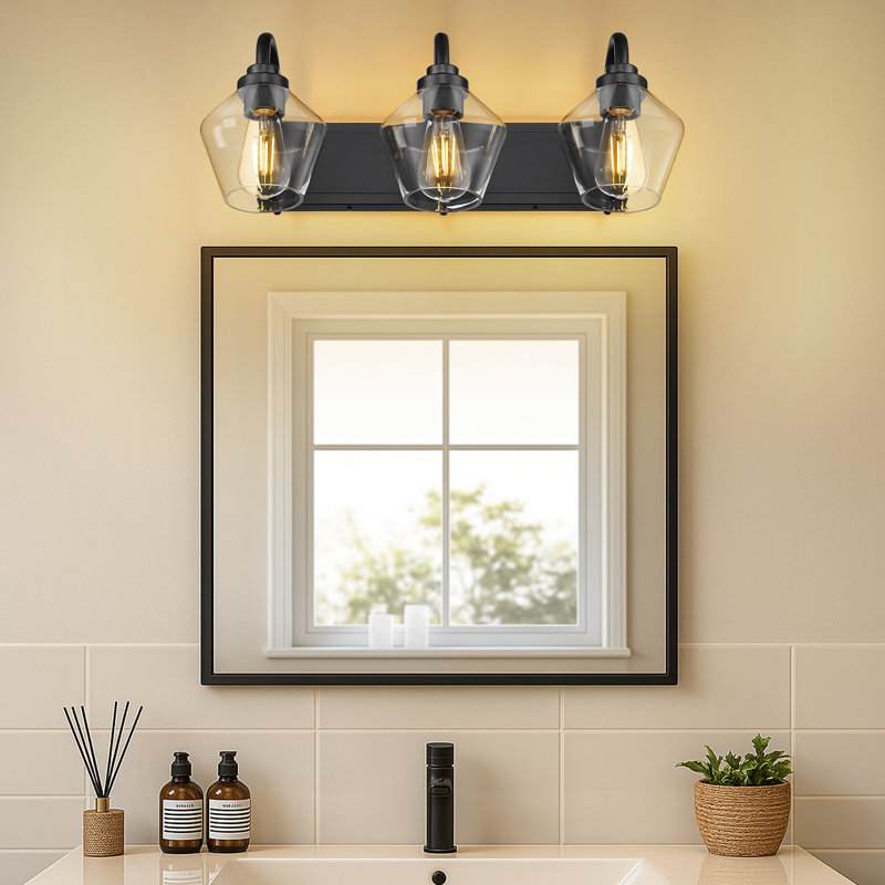 Meuble-lavabo à 3 lumières en verre clair avec abat-jour en verre transparent, noir, H 10,6 po x l 23,2 po x P 10,23 po