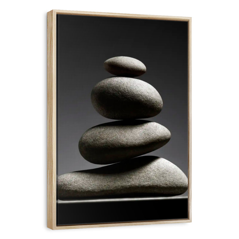 Zen Stone Pile, Floating Frame Natural Wood, 25" x 37"