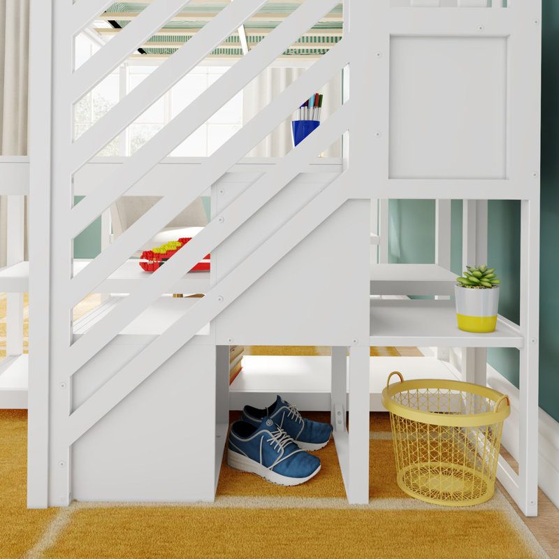 Lit mezzanine double classique haut + bureau enveloppant + escalier, blanc, Blanc