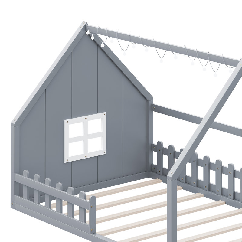 Lit double en bois avec clôture et toit à DEL, Gris