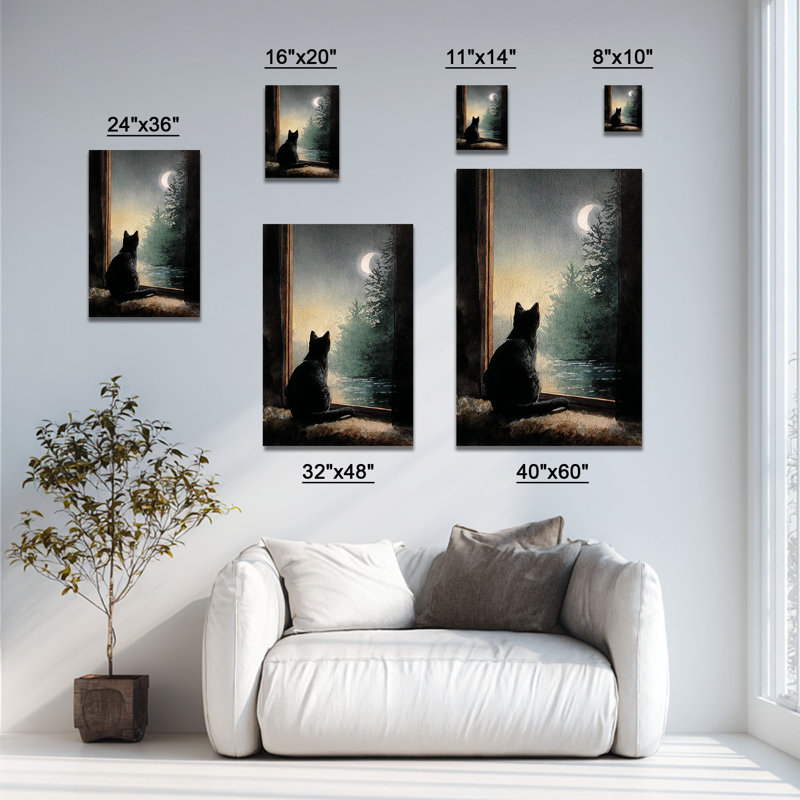 Chat à la porte ouverte, croissant de lune, forêt de pins, lac, toile tendue, décoration de salon, de chambre à coucher ou de bureau
