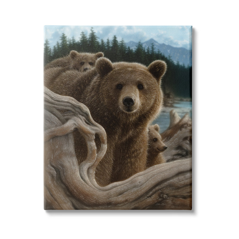 «30_Brown Bears Rustic Animal Family Tree Forest Lake tendue, art mural par Collin Bogle, H 48 po x l 36 po x P 1,5 po