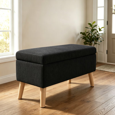 Banc repose-pieds de rangement en velours côtelé vert olive de 32 pouces de largeur avec pieds en bois, boîte de rangement rabattable, banc de bout rembourré doux, repose-pieds et banc à chaussures pour chambre à coucher, salon, entrée
