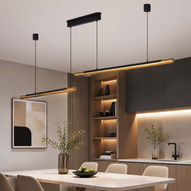 Luminaire suspendu moderne à DEL 75 po noir et doré, lampe suspendue réglable à deux tubes pour le salon de la cuisine (DEL intégrée)