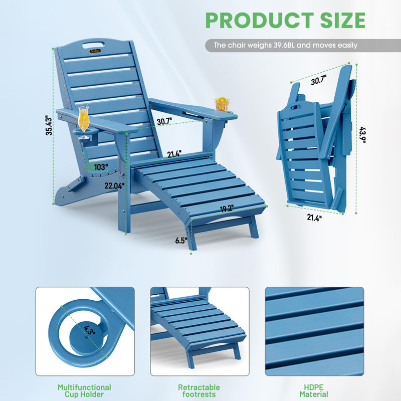 Folding Adirondack Chair with Retractable Footrest, Patio Chair with 2 Cup Holders, Navy Blue