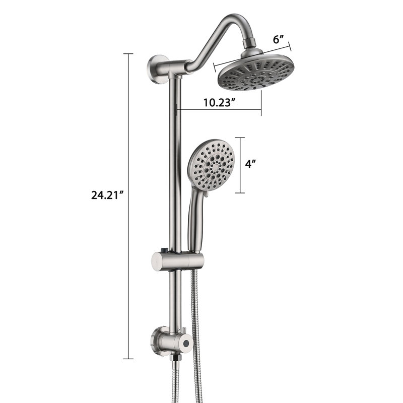 Système de douche en nickel brossé avec barre coulissante réglable, pomme de pluie de 6 pouces et douchette pour une double douchette personnalisée, facile à utiliser