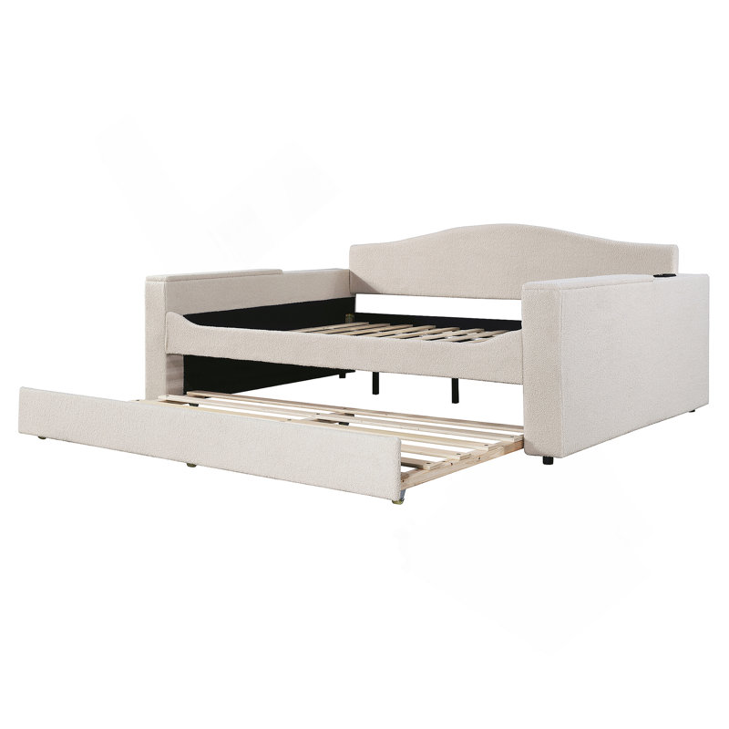 Lit de jour rembourré avec accoudoirs de rangement, lit gigogne et dernier système audio Bluetooth intégré, Beige, Lit double