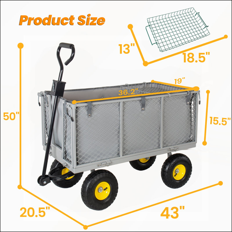 Chariot de jardin surdimensionné en acier 3 en 1, capacité de 880 lb, utilitaire tout-terrain avec doublure amovible et panneaux latéraux, gris