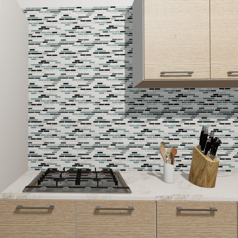 Viva Linda Mixed Linear Glass & Stone Tile Mosaic Sheet, Sky blend