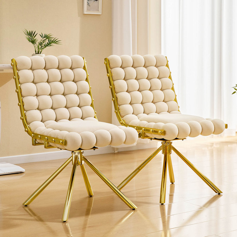 Ensemble de 2 fauteuils d'appoint pivotants capitonnés à bulles crème, fauteuil sans accoudoirs en velours moderne avec structure en métal doré pour salle à manger, salon et coiffeuse