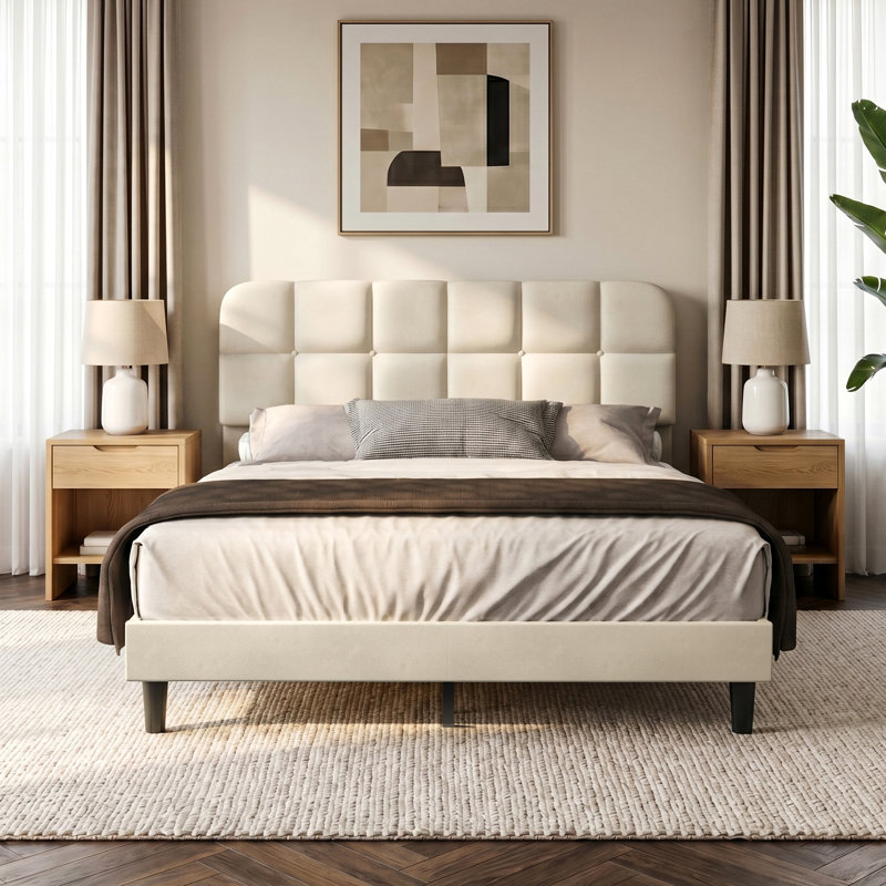 Upholstered Platform Bed Frame with Soft Cloud Headboard, Double (4'6)