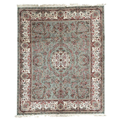Tapis unique en laine noué à la main de 8 pi x 10 pi vert clair / crème / rouge