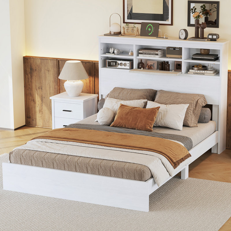 Lit moderne, lit plateforme rétro, avec tête de rangement et station de charge, blanc