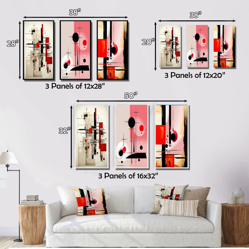«Red and Blue Retro Illustration», 3 pièces sur toile, Cadre flottant doré, H 20 po x l 36 po