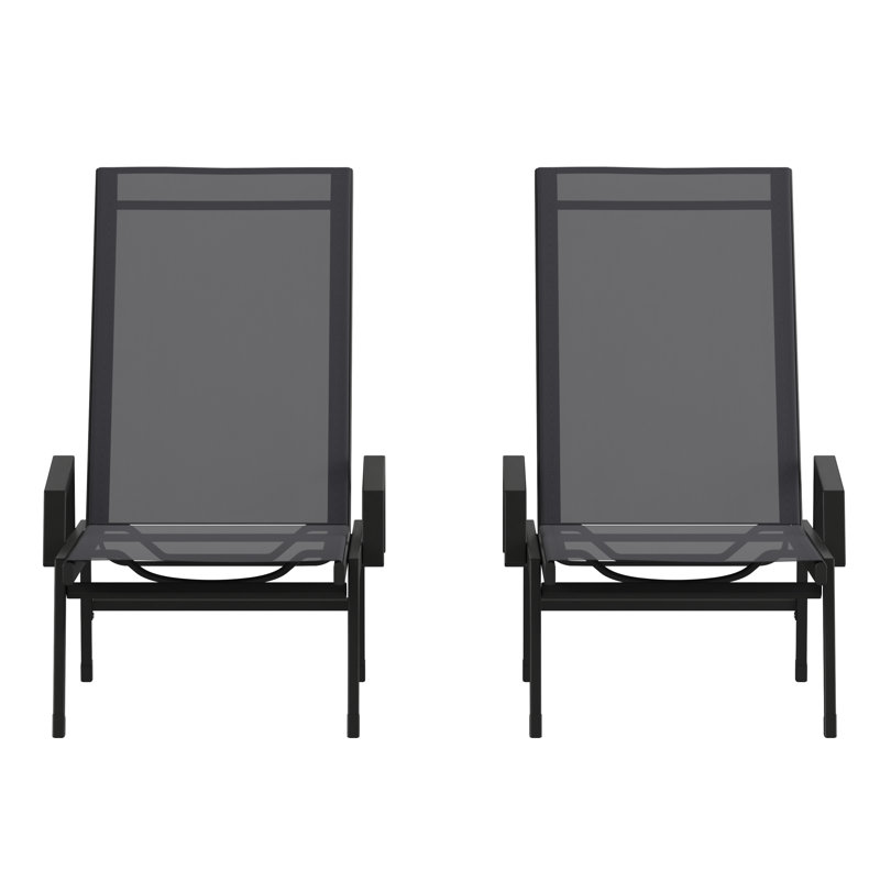 Aubreeann All-Weather PVC-coated Polyester Adjustable Chaise Lounge Chairs with Arms, Black, 2