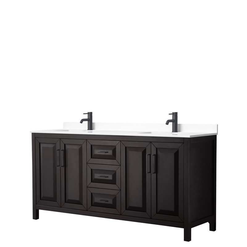 Daria 72'' W Double Vanity, White Cultured Marble, Dark Espresso, Matte Black