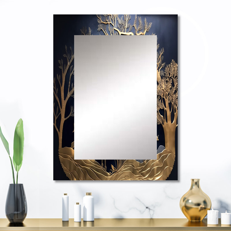 Golden Deer In Forest II - miroir mural décoratif forêt, miroir champêtre, impression sur métal, 32 po x 24 po