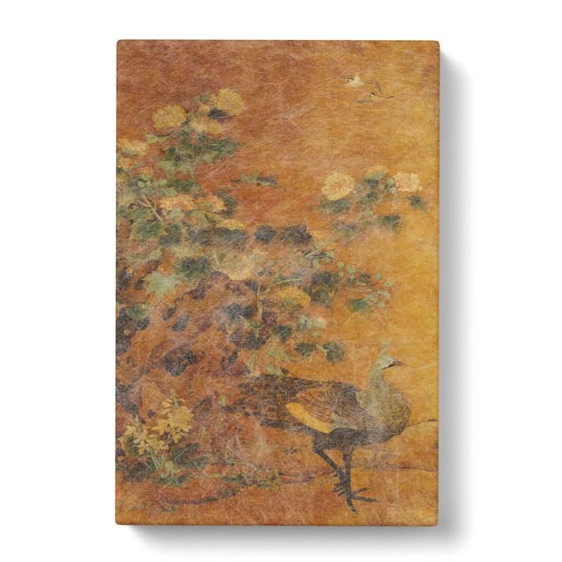 Peacock and Hollyhocks by Bian Lu - Wrapped Canvas Art - Wrapped Canvas, 76cm H x 50cm W x 3cm D