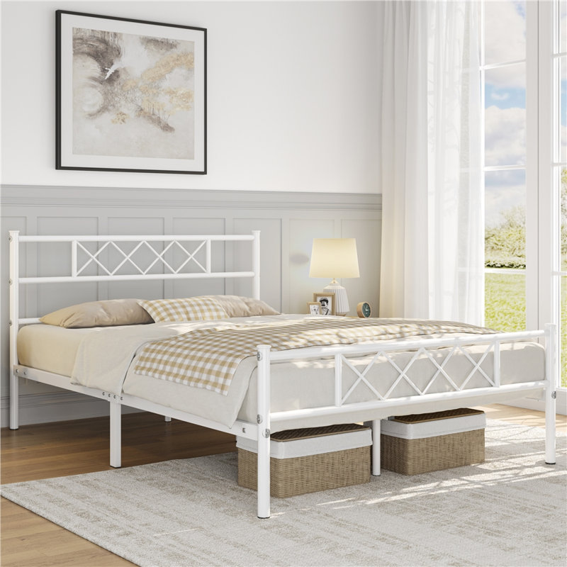 Modern Metal Bed Frame with Cross-design Headboard & Footboard, Double (4'6), White
