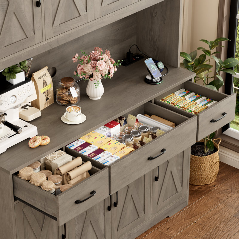 Hempel 70.9"H Kitchen Pantry With Charge Station, 55.1"W Farmhouse Style Pantry Cabinet with Microwave Shelf & Adjustable Shelves