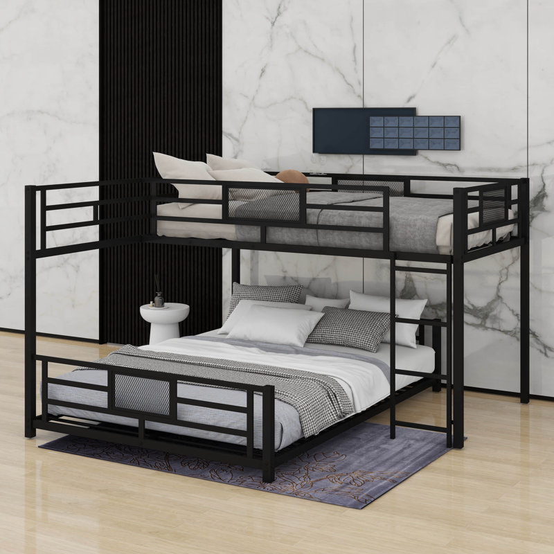 Lit superposé simple au-dessus d'un lit double en forme de L, Black