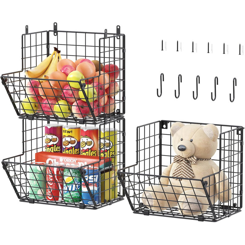 Paniers de rangement empilables et muraux à 3 niveaux - Organisateur de suspension en fil métallique, peu encombrant pour la cuisine, le garde-manger, la salle de bain, capacité de 20 lb chacun