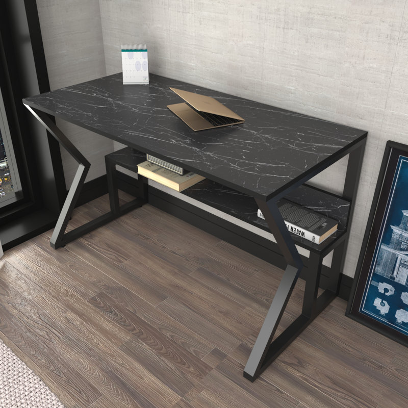 Waka 120Cm W Computer Desk, Black Marble Effect, Black