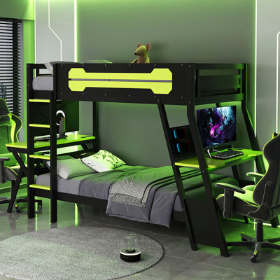 Twin Size Bunk Bed With Two Built-In Gaming Desks, USB Desktop Ports & Pegboard Organizer