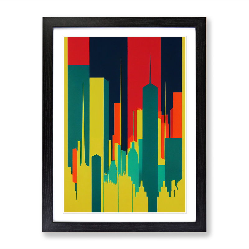 Illuminated City Skyline Abstract - Wall Art, Black Framed, 64cm H x 46cm W x 2cm D
