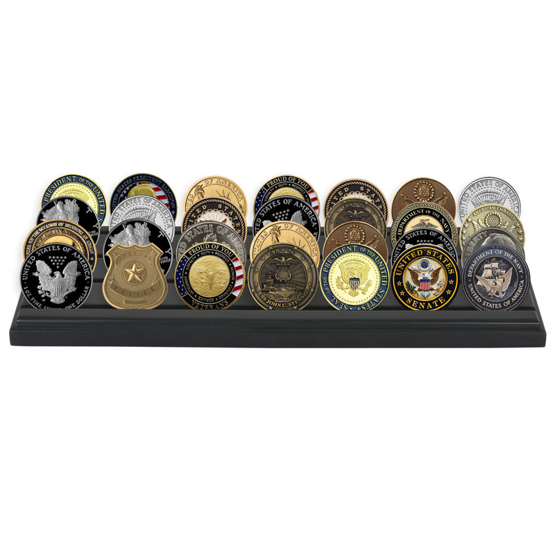 Présentoir à pièces de défi avec 4 rangées - Présentoir à pièces de monnaie militaire - Porte-pièces de collection, bois massif 12 po x 4 po