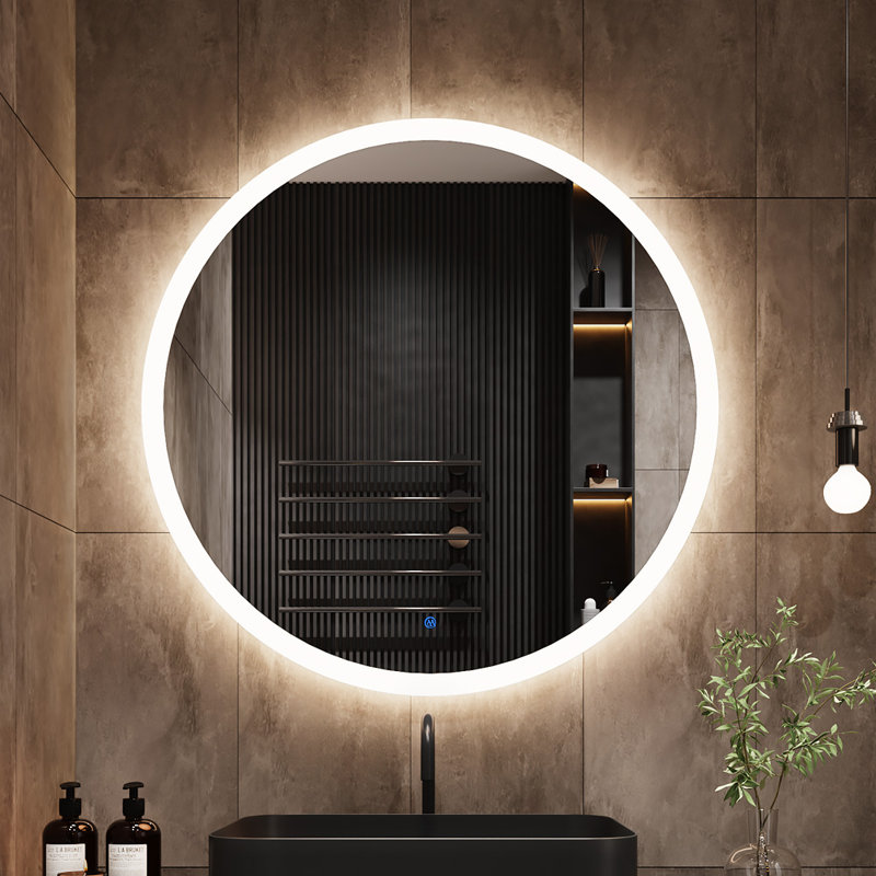 Grand miroir de salle de bain rond moderne à DEL Liese, température de couleur réglable, 28 po x 28 po