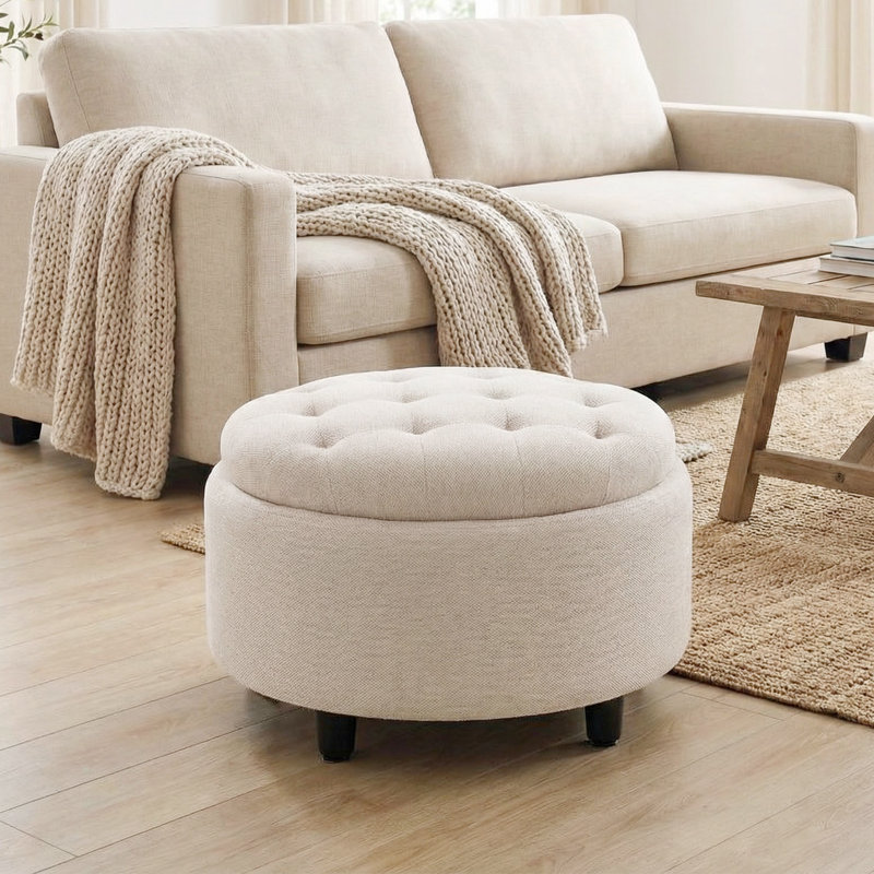 Repose-pieds capitonné avec rangement et plateau rabattable, Beige