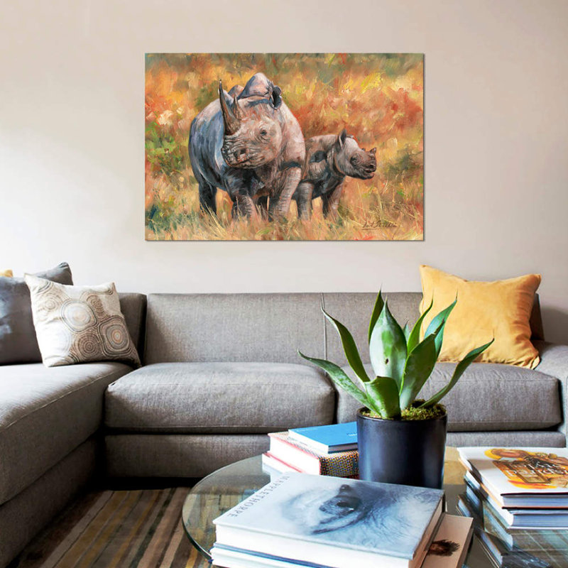 «Rhino and Baby», impression sur toile, H 18 po x l 26 po x P 1,5 po, Toile tendue, Pas de tapis
