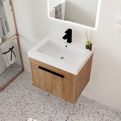 Rakhee 24'' Wall Mounted Single Bathroom Vanity with Resin Vanity Top, Floating Bathroom Vanity with Basin Sink, 2 Doors
