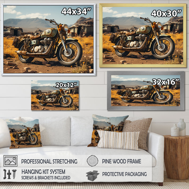 Rustic Adventure - Moto - Décoration murale moto, H 24 po x l 32 po x P 1 po, Toile tendue