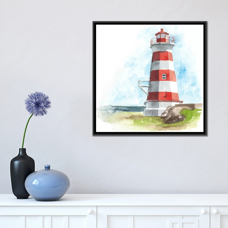 « aquarelle phare i », reproduction sur toile, H 18 po x l 18 po x P 1,5 po, Toile avec cadre noir, Pas de tapis
