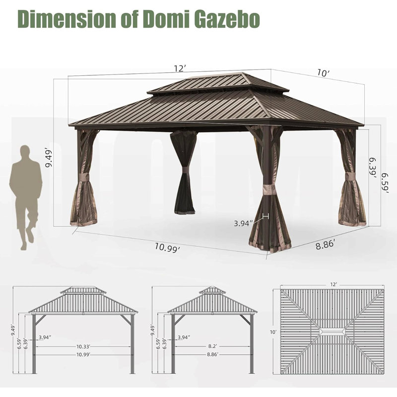 10' X 12' Hardtop Gazebo, Aluminum Metal Gazebo With Galvanized Steel Double Roof Canopy, Curtain And Netting, Permanent Gazebo Pavilion