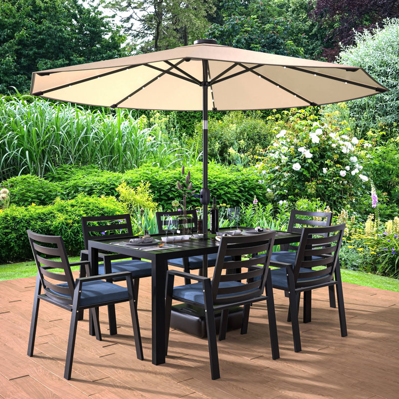 Letendre 7-Piece Outdoor Dining Set Rectangular Dining Table with Slats and 6 Arm Chairs in Aluminum, Charcoal Blue