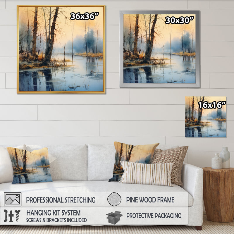 Été, paysage de lac, Illustration IV - Paysages, art mural, salon, 24" H x 24" W, Cadre flottant doré